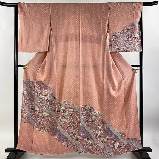 【庫存清倉】訪問服 身長158.5cm 袖長64.5cm M 雙層 草花紋紋 流水 絞染 粉紅 純蠶絲 優品級