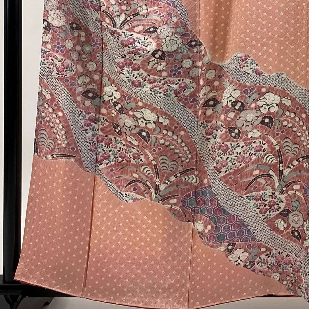 【庫存清倉】訪問服 身長158.5cm 袖長64.5cm M 雙層 草花紋紋 流水 絞染 粉紅 純蠶絲 優品級