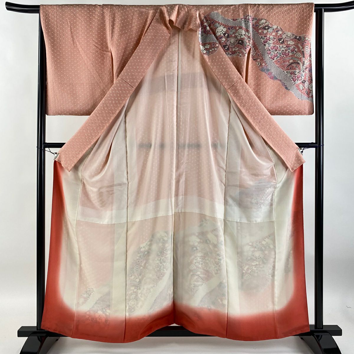 【庫存清倉】訪問服 身長158.5cm 袖長64.5cm M 雙層 草花紋紋 流水 絞染 粉紅 純蠶絲 優品級