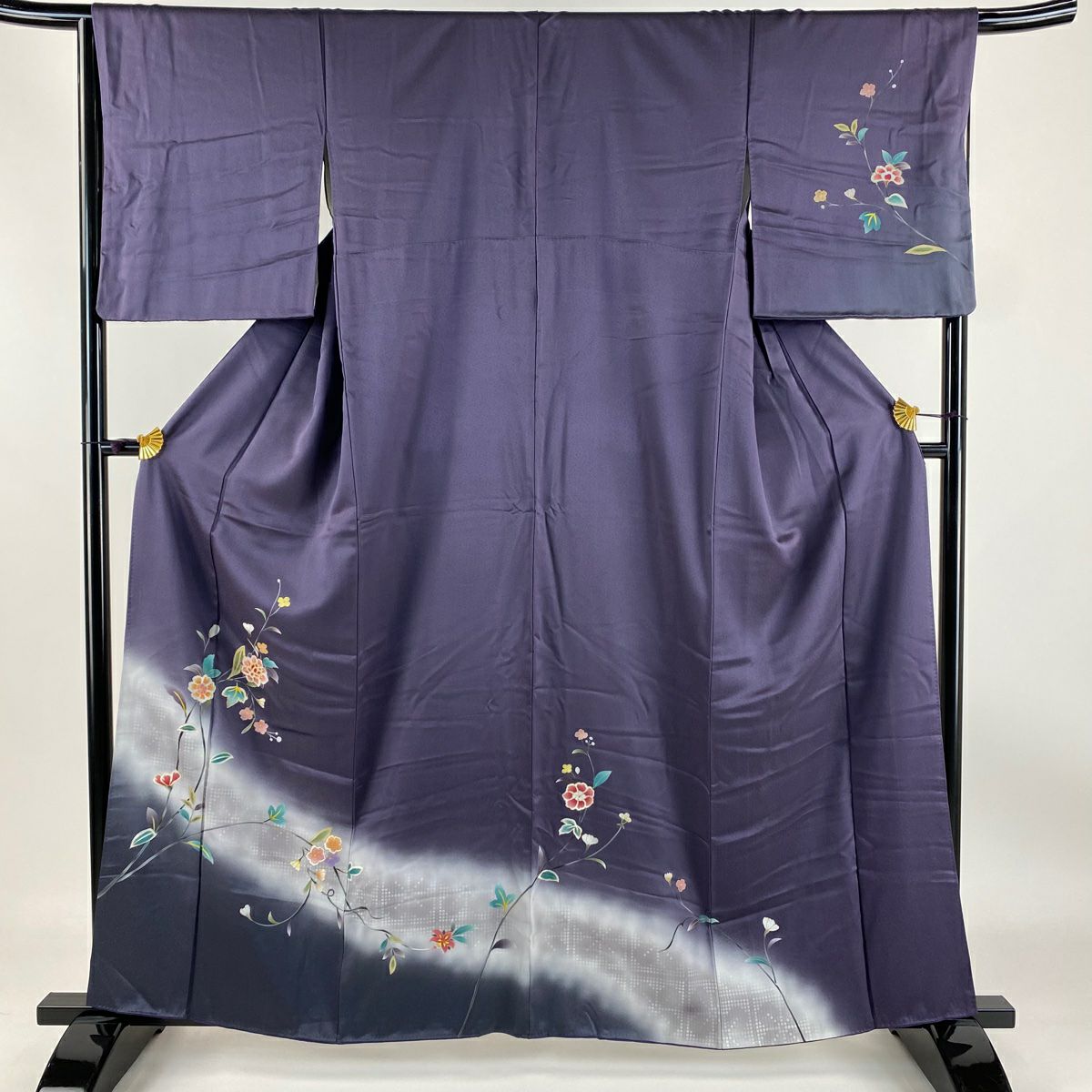 【庫存清倉】訪問服 身長160cm 袖長66cm M 雙層 枝花 格子 金彩裝飾 漸層 深紫 純蠶絲 優品級