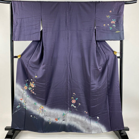 【庫存清倉】訪問服 身長160cm 袖長66cm M 雙層 枝花 格子 金彩裝飾 漸層 深紫 純蠶絲 優品級