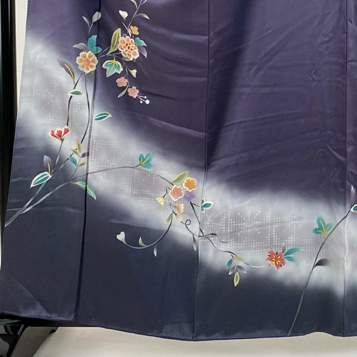 【庫存清倉】訪問服 身長160cm 袖長66cm M 雙層 枝花 格子 金彩裝飾 漸層 深紫 純蠶絲 優品級