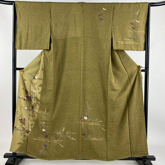 【清倉特賣】訪問服 身長158.5cm 袖長65.5cm M 雙層 菊花花圖案 金彩裝飾 染分 茶綠 純蠶絲 優品級
