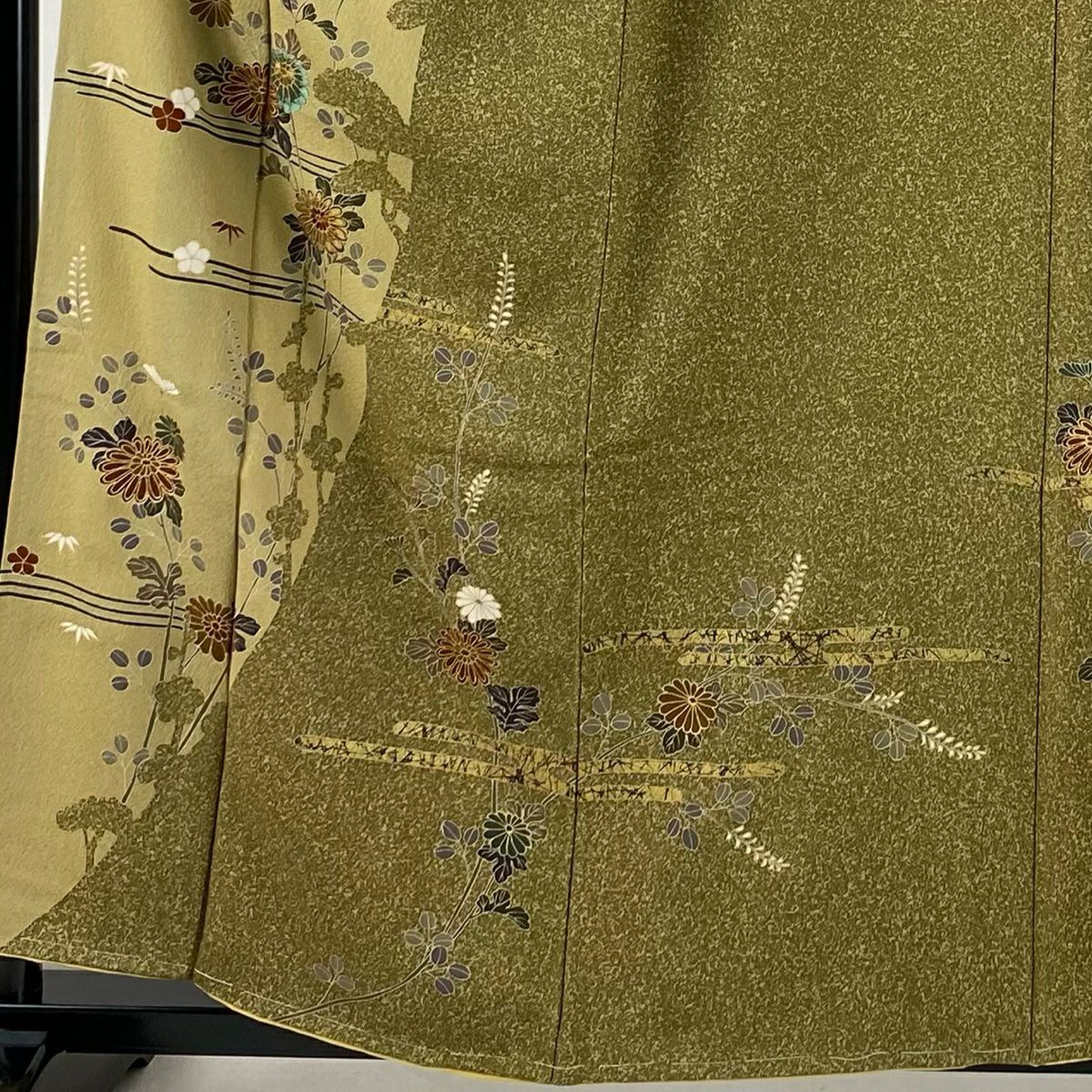 【清倉特賣】訪問服 身長158.5cm 袖長65.5cm M 雙層 菊花花圖案 金彩裝飾 染分 茶綠 純蠶絲 優品級