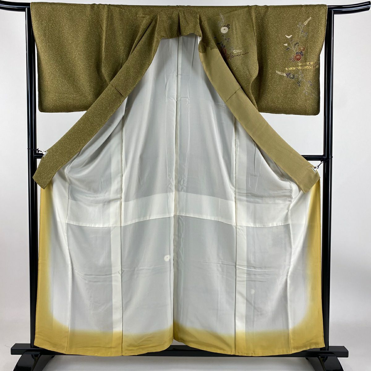 【清倉特賣】訪問服 身長158.5cm 袖長65.5cm M 雙層 菊花花圖案 金彩裝飾 染分 茶綠 純蠶絲 優品級