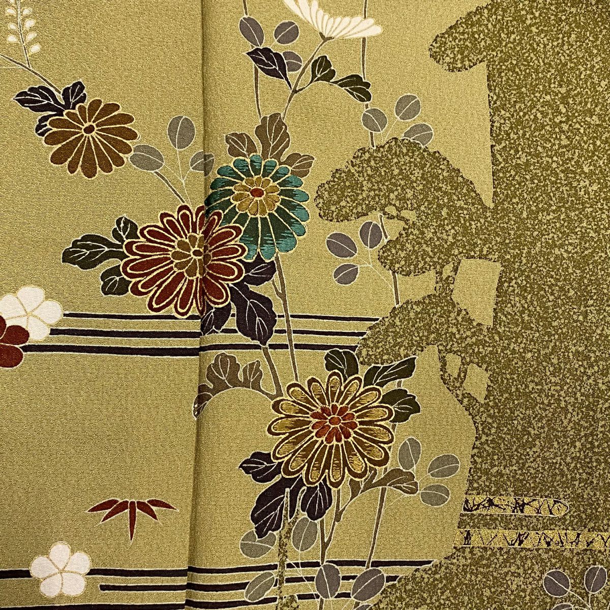 【清倉特賣】訪問服 身長158.5cm 袖長65.5cm M 雙層 菊花花圖案 金彩裝飾 染分 茶綠 純蠶絲 優品級