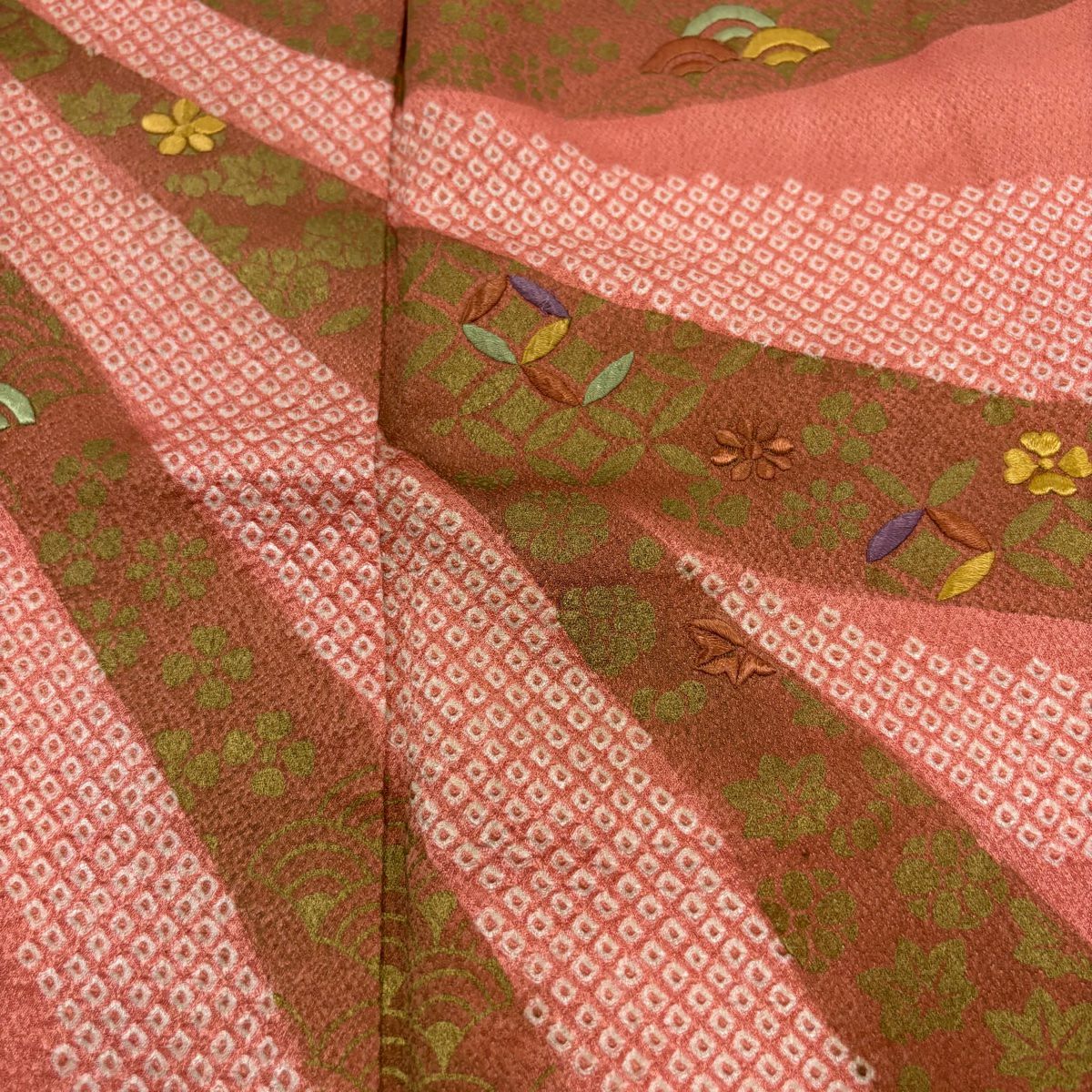 【庫存清倉】訪問服 身長157cm 袖長60.5cm S 雙層 青海波 七寶刺繡 絞染 鮭粉色 純蠶絲 優品級