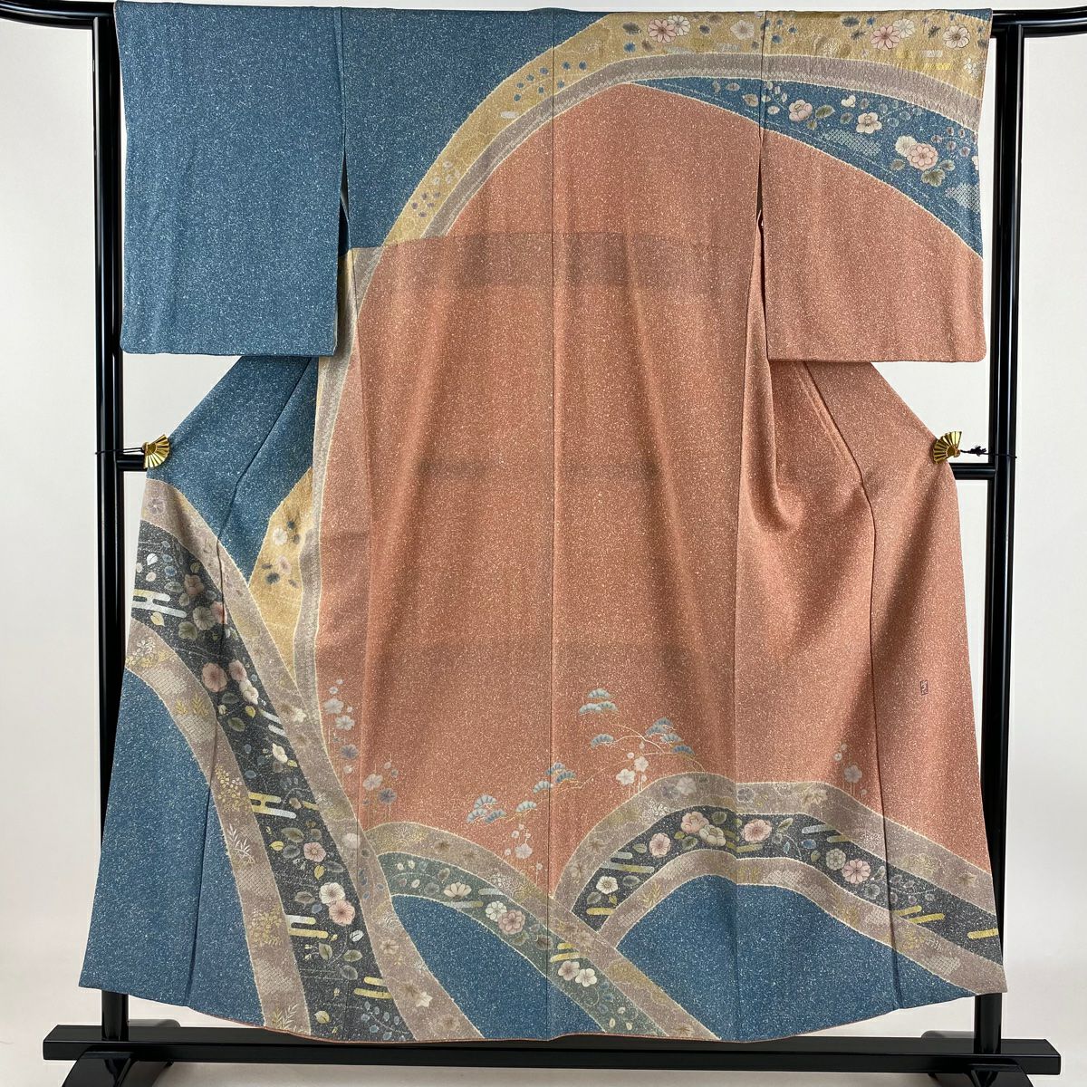 【庫存清倉】訪問服 身長153.5cm 袖長62.5cm S 雙層 草花紋紋 霞 金銀彩 染分 深藍 純蠶絲 優品級
