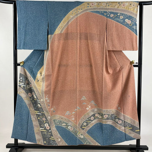 【庫存清倉】訪問服 身長153.5cm 袖長62.5cm S 雙層 草花紋紋 霞 金銀彩 染分 深藍 純蠶絲 優品級