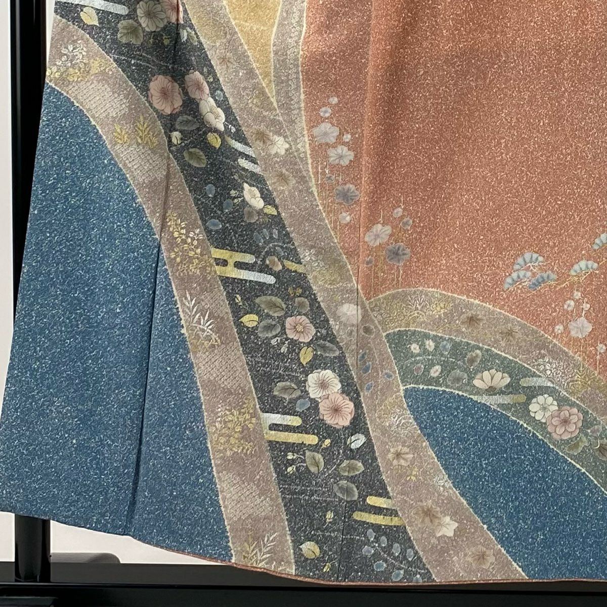 【庫存清倉】訪問服 身長153.5cm 袖長62.5cm S 雙層 草花紋紋 霞 金銀彩 染分 深藍 純蠶絲 優品級