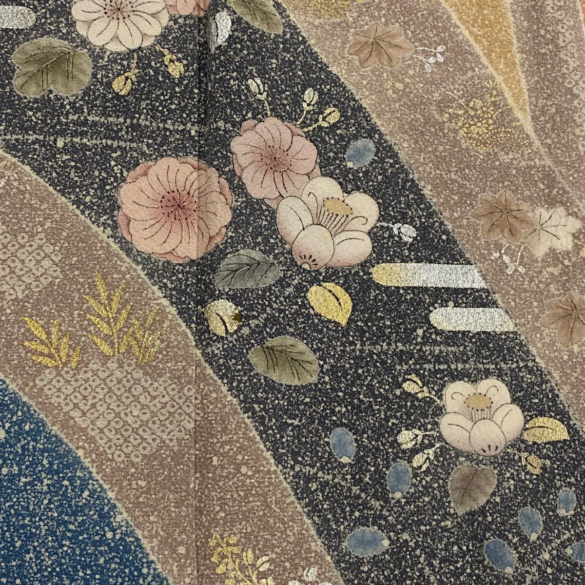 【庫存清倉】訪問服 身長153.5cm 袖長62.5cm S 雙層 草花紋紋 霞 金銀彩 染分 深藍 純蠶絲 優品級