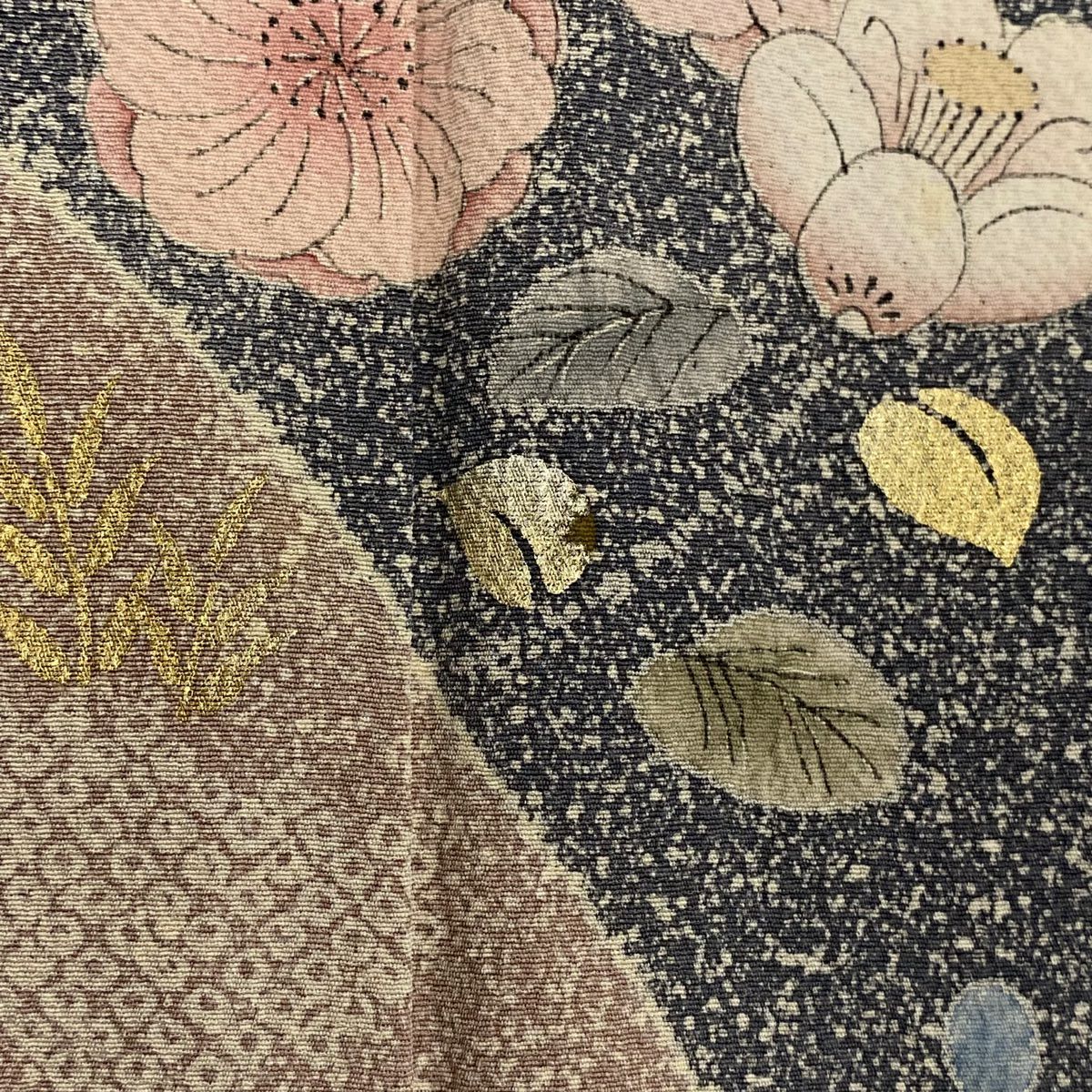 【庫存清倉】訪問服 身長153.5cm 袖長62.5cm S 雙層 草花紋紋 霞 金銀彩 染分 深藍 純蠶絲 優品級
