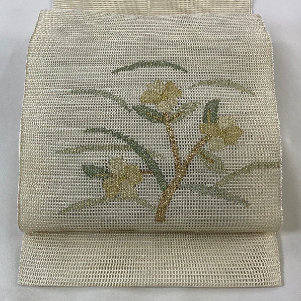 【庫存清倉】 名古屋帶 優品級 夏帶 八寸名古屋帶 松樹葉仕立 草花紋紋 金絲 奶油色 純蠶絲