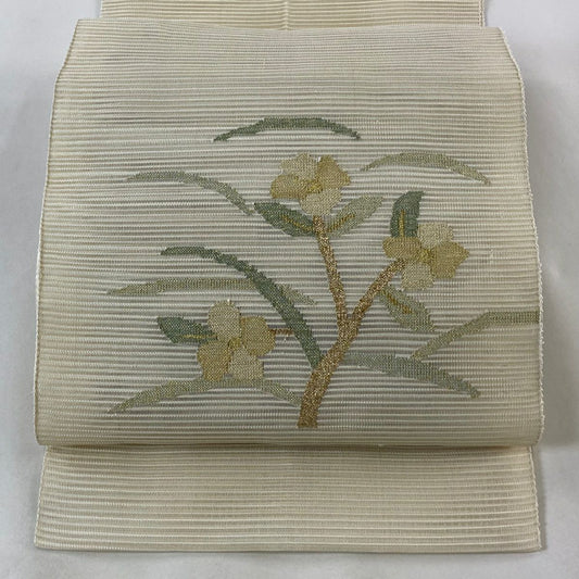 【庫存清倉】 名古屋帶 優品級 夏帶 八寸名古屋帶 松樹葉仕立 草花紋紋 金絲 奶油色 純蠶絲