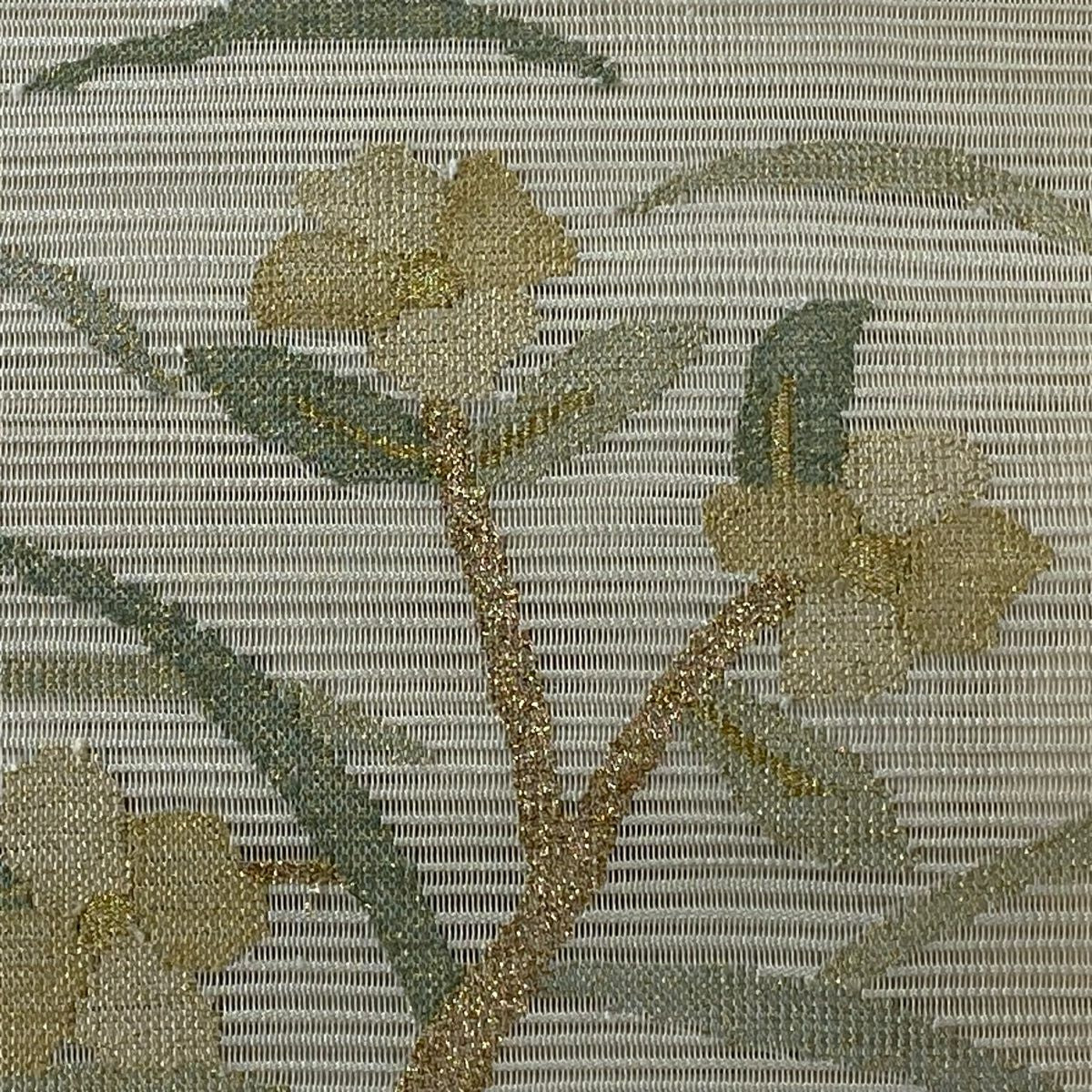 【庫存清倉】 名古屋帶 優品級 夏帶 八寸名古屋帶 松樹葉仕立 草花紋紋 金絲 奶油色 純蠶絲