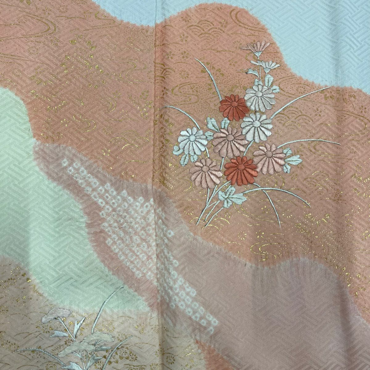 【庫存清倉】訪問服 身長155cm 袖長62.5cm S 雙層 菊花 道長取 金銀彩 絞染 灰白 純蠶絲 優品級
