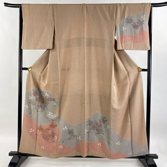 【庫存清倉】訪問服 身長158cm 袖長65.5cm M 雙層 扇子子 牡丹 刺繡 染分 粉米色 純蠶絲 優品級