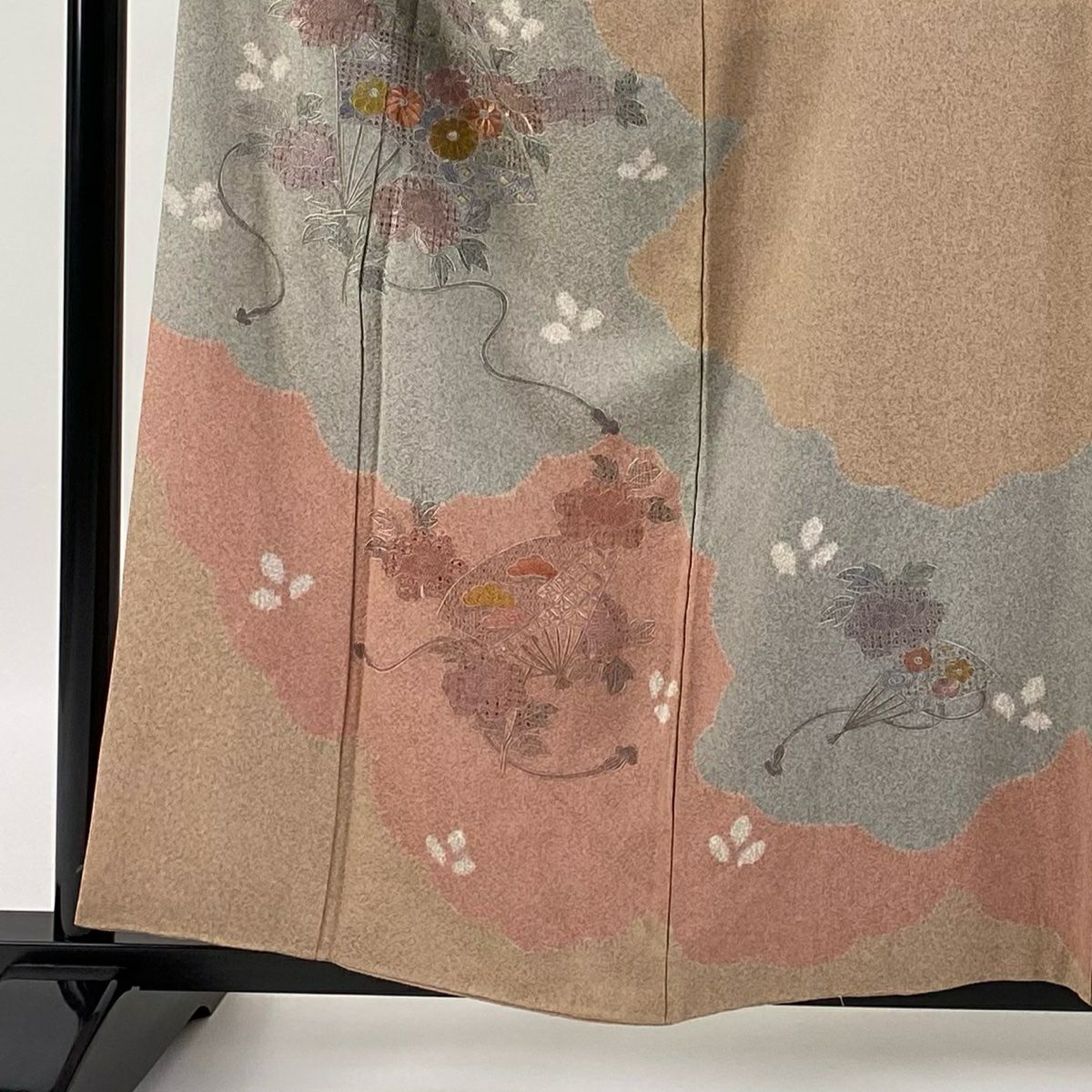 【庫存清倉】訪問服 身長158cm 袖長65.5cm M 雙層 扇子子 牡丹 刺繡 染分 粉米色 純蠶絲 優品級