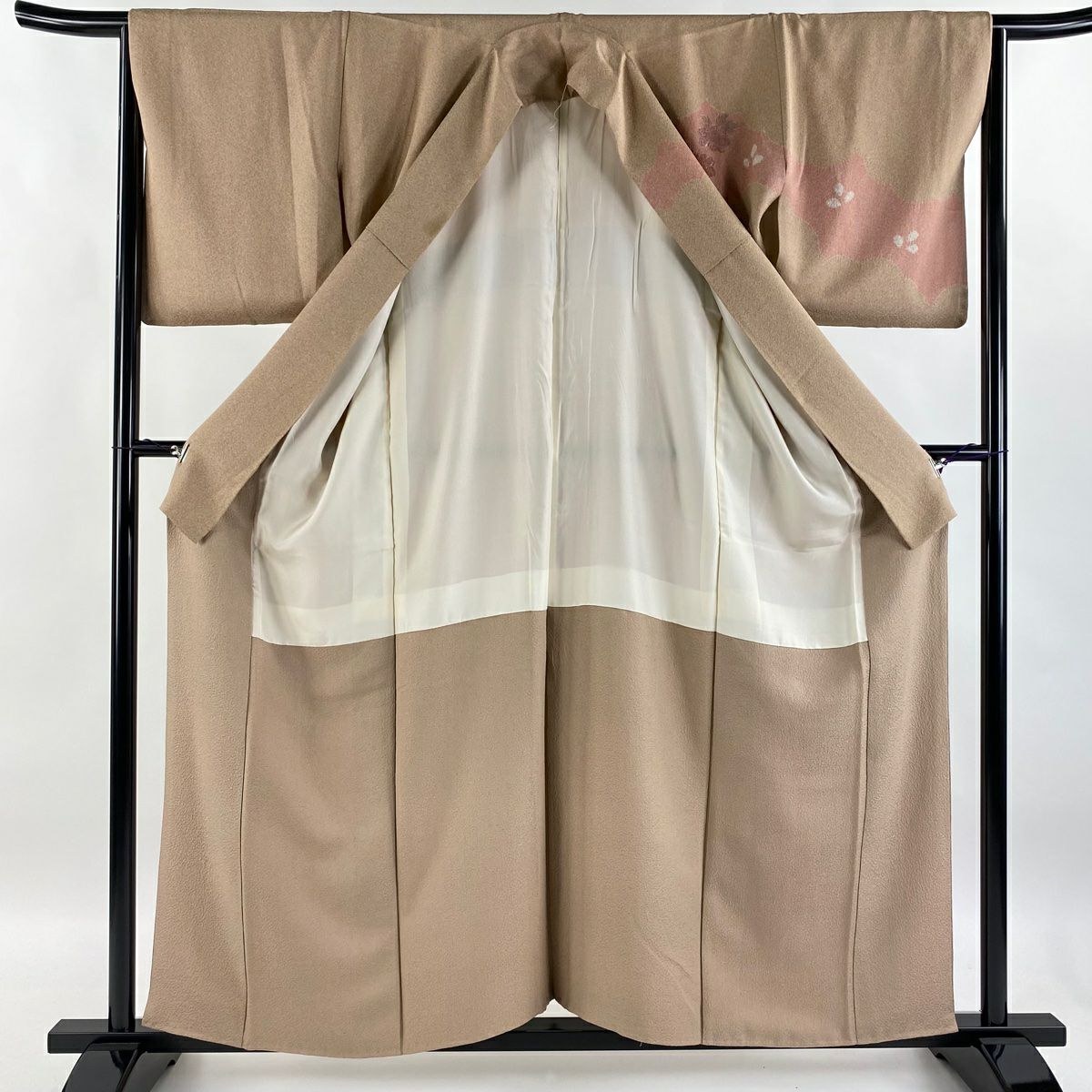 【庫存清倉】訪問服 身長158cm 袖長65.5cm M 雙層 扇子子 牡丹 刺繡 染分 粉米色 純蠶絲 優品級