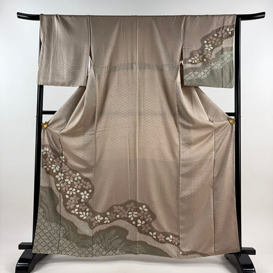 【庫存清倉】 付下 身長162.5cm 袖長65.5cm M 雙層 花紋 道長取 絞染 金銀彩 淺豆色 純蠶絲 名品級
