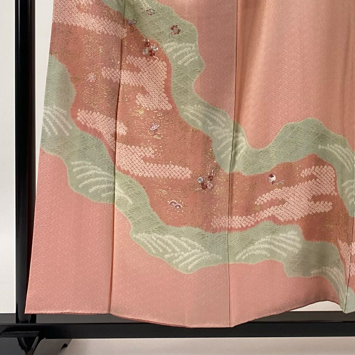【清倉特賣】訪問服 身長157cm 袖長67.5cm L 雙層 草花紋紋 寶盡くし刺繡 絞染 粉紅 純蠶絲 優品級