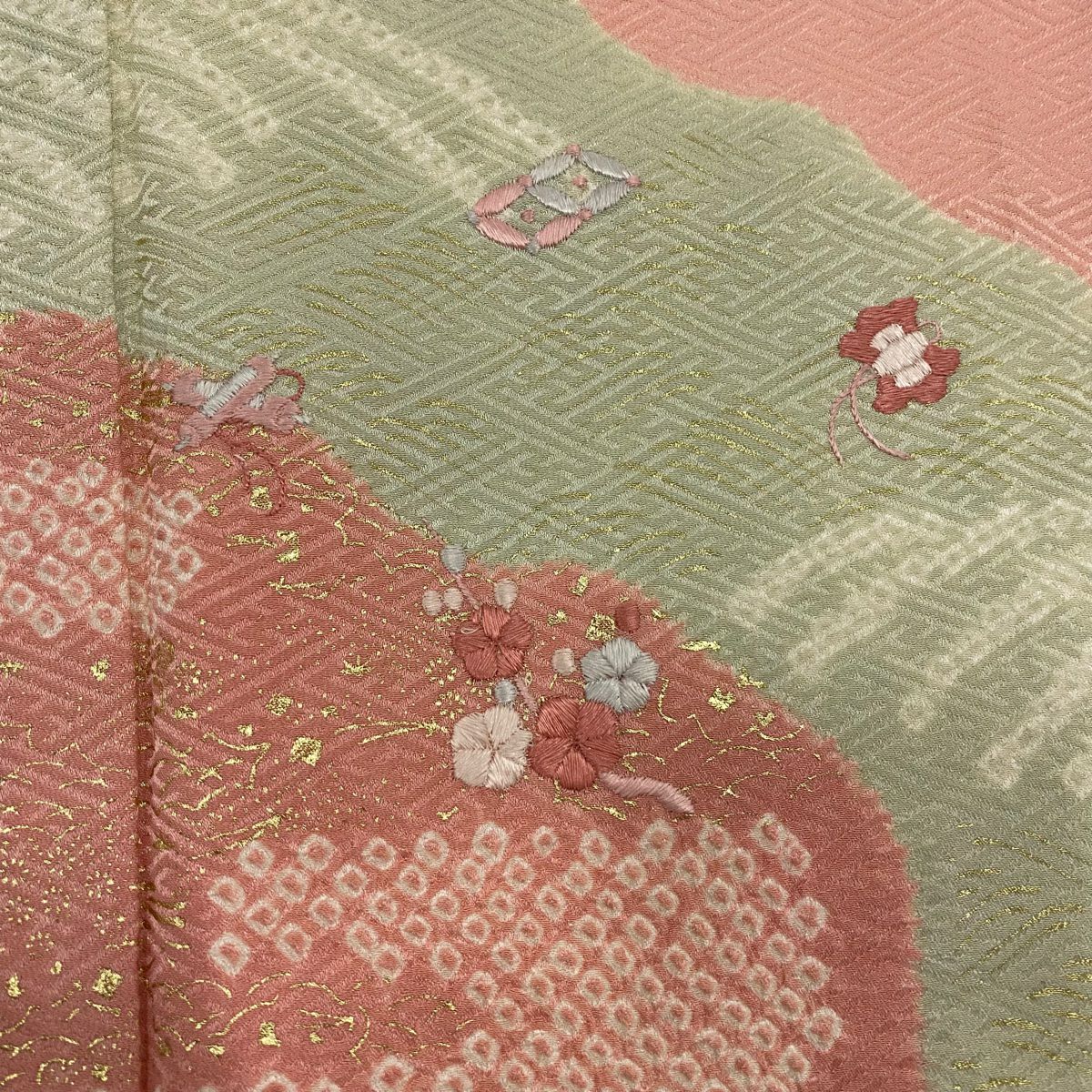 【清倉特賣】訪問服 身長157cm 袖長67.5cm L 雙層 草花紋紋 寶盡くし刺繡 絞染 粉紅 純蠶絲 優品級
