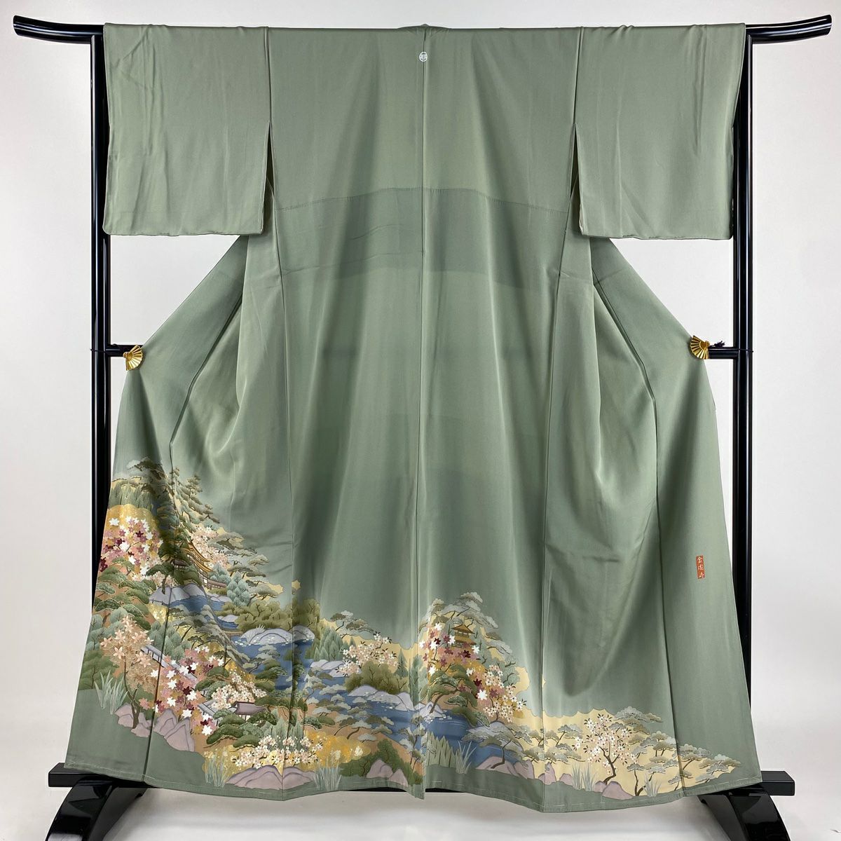 色留袖禮服 身長159.5cm 袖長65cm M 雙層 金閣寺 松樹 金銀彩 漸層 灰綠 純蠶絲 秀品級