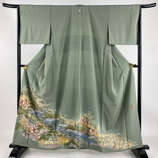 色留袖禮服 身長159.5cm 袖長65cm M 雙層 金閣寺 松樹 金銀彩 漸層 灰綠 純蠶絲 秀品級