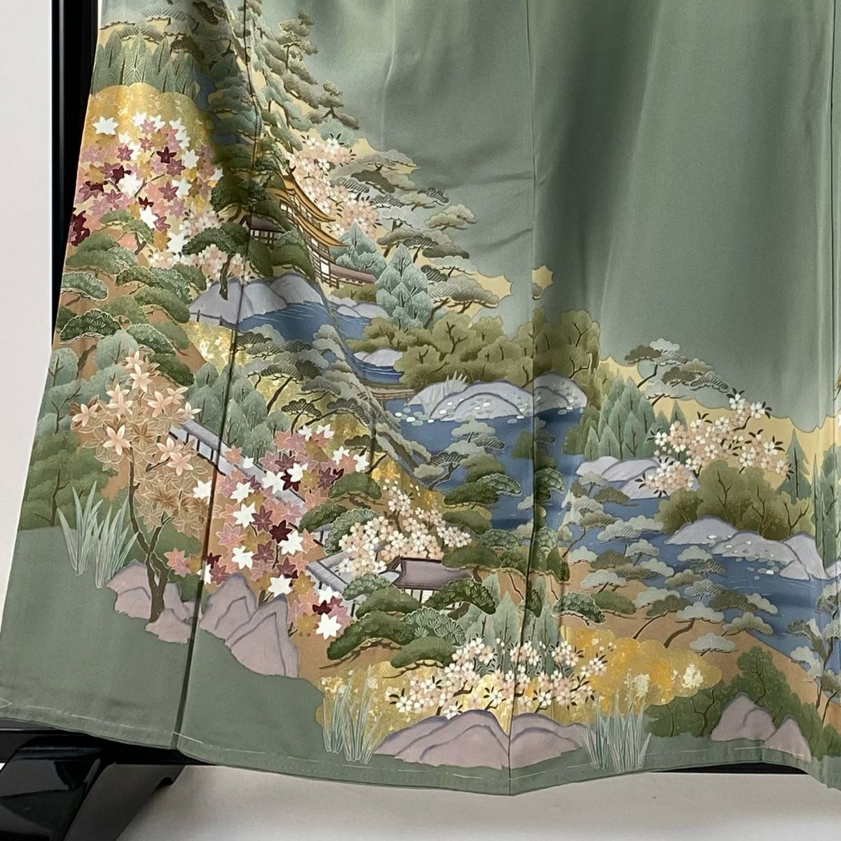 色留袖禮服 身長159.5cm 袖長65cm M 雙層 金閣寺 松樹 金銀彩 漸層 灰綠 純蠶絲 秀品級