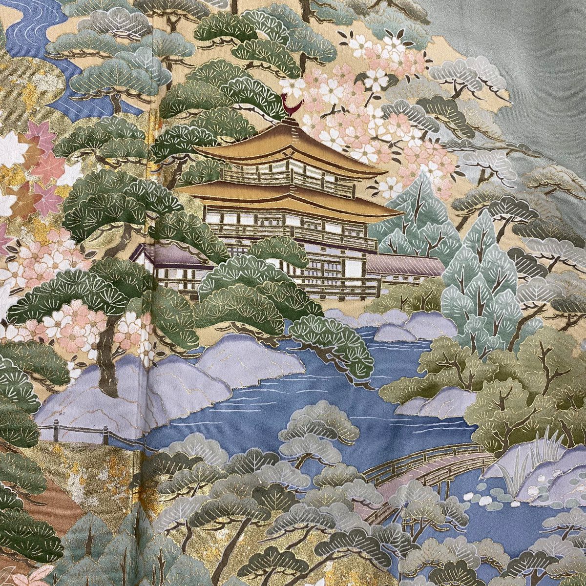 色留袖禮服 身長159.5cm 袖長65cm M 雙層 金閣寺 松樹 金銀彩 漸層 灰綠 純蠶絲 秀品級