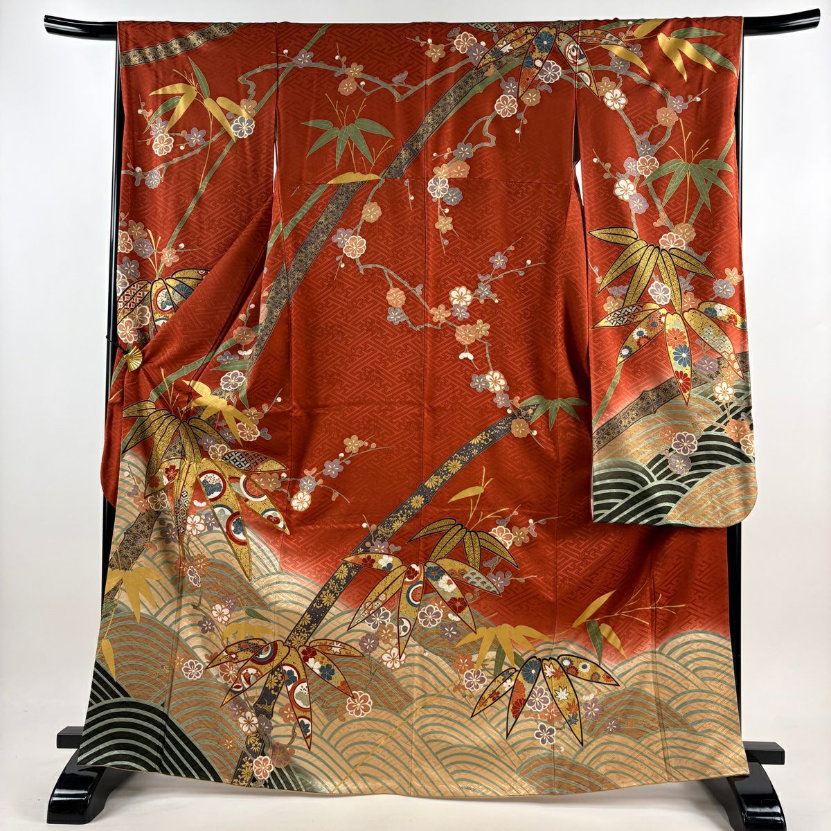 【庫存清倉】振袖禮服 身長167cm 袖長66cm M 雙層 笹梅花 波 金絲 金銀彩 紅茶 純蠶絲 美品 名品級