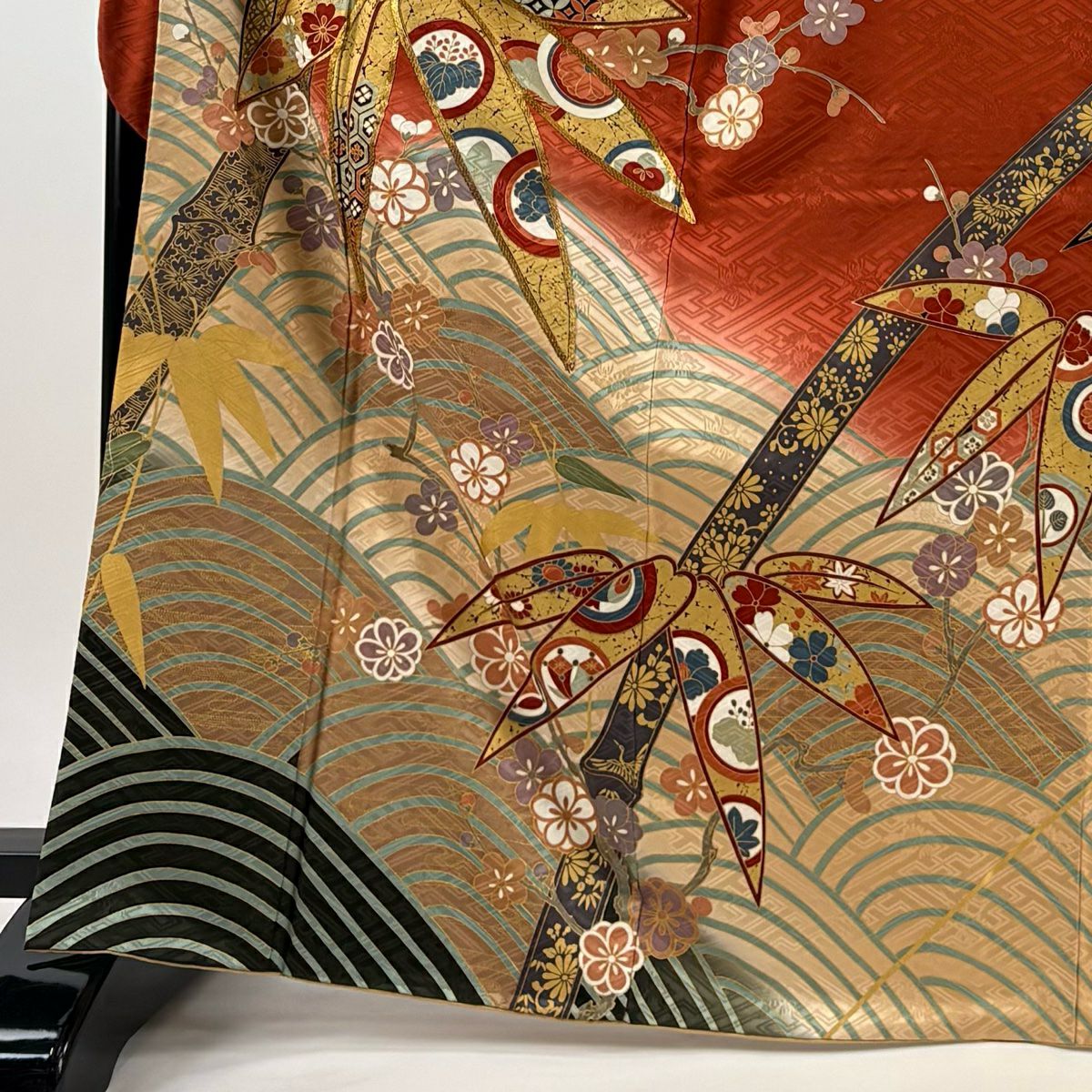 【庫存清倉】振袖禮服 身長167cm 袖長66cm M 雙層 笹梅花 波 金絲 金銀彩 紅茶 純蠶絲 美品 名品級
