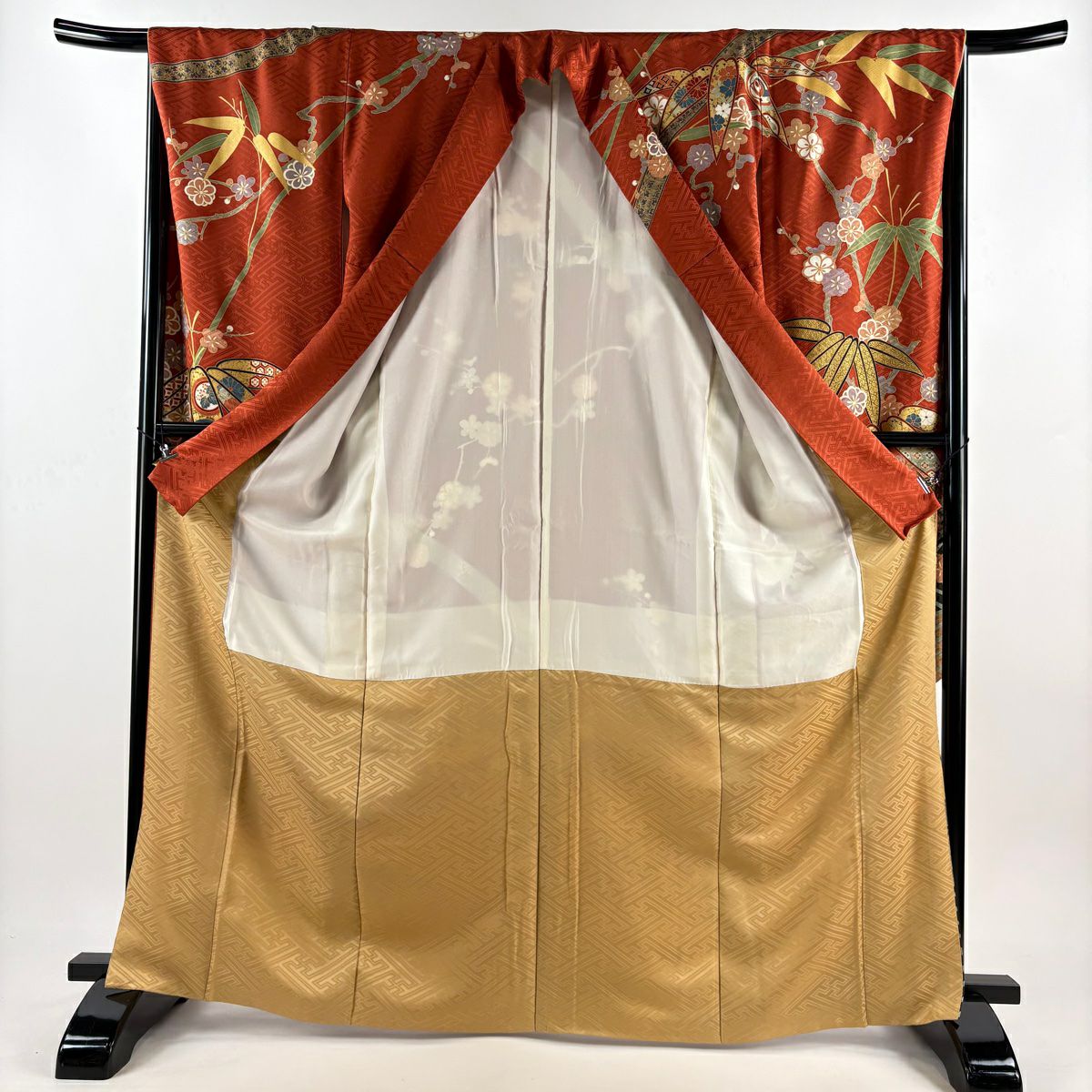 【庫存清倉】振袖禮服 身長167cm 袖長66cm M 雙層 笹梅花 波 金絲 金銀彩 紅茶 純蠶絲 美品 名品級