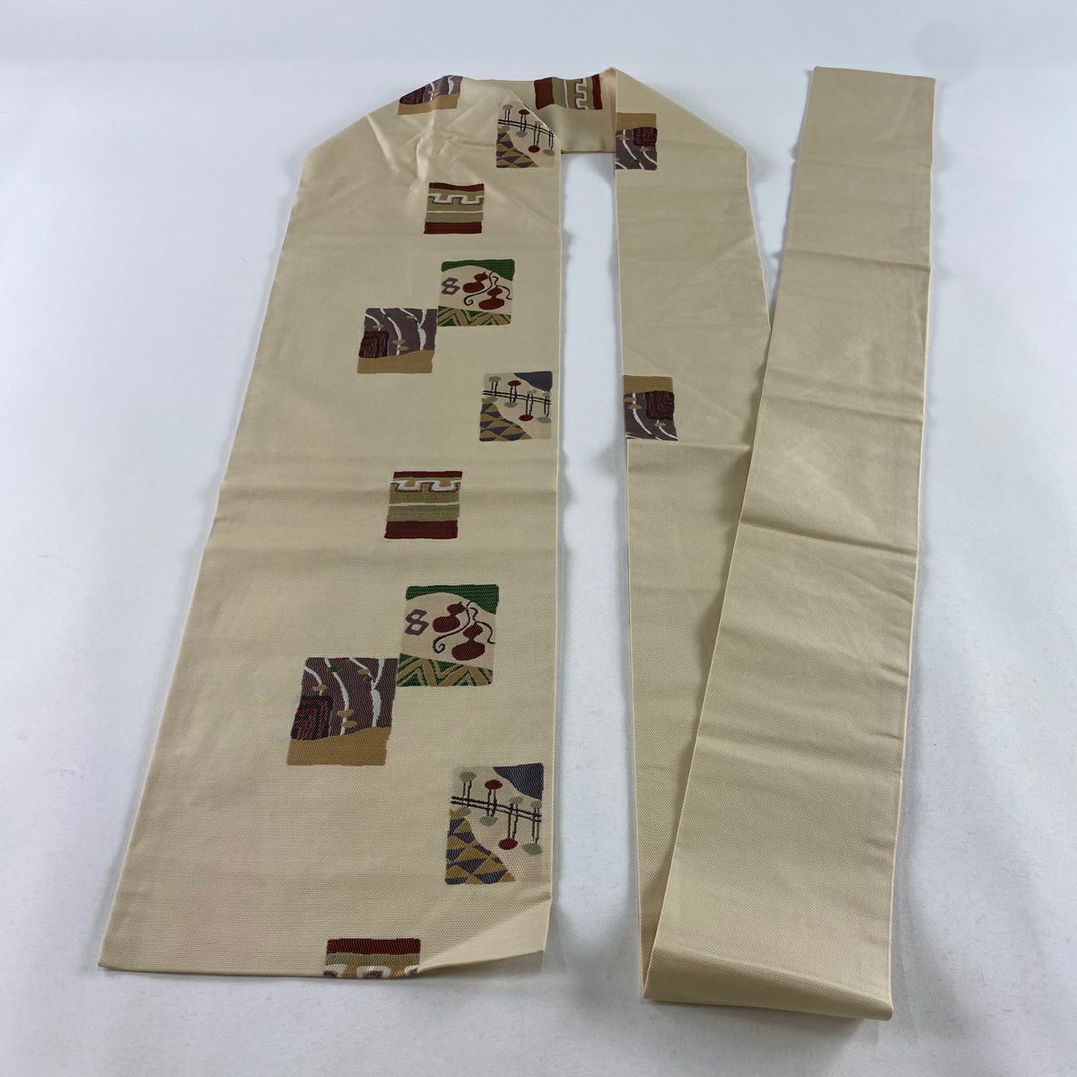 【庫存清倉】 名古屋帶 優品級 瓢箪 幾何圖案 米色 純蠶絲