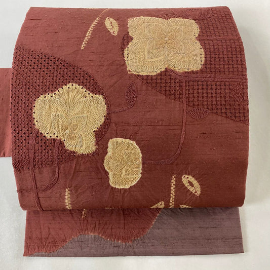 【庫存清倉】 名古屋帶 優品級 紬織織 草花紋紋 刺繡 絞染 小豆色 純蠶絲