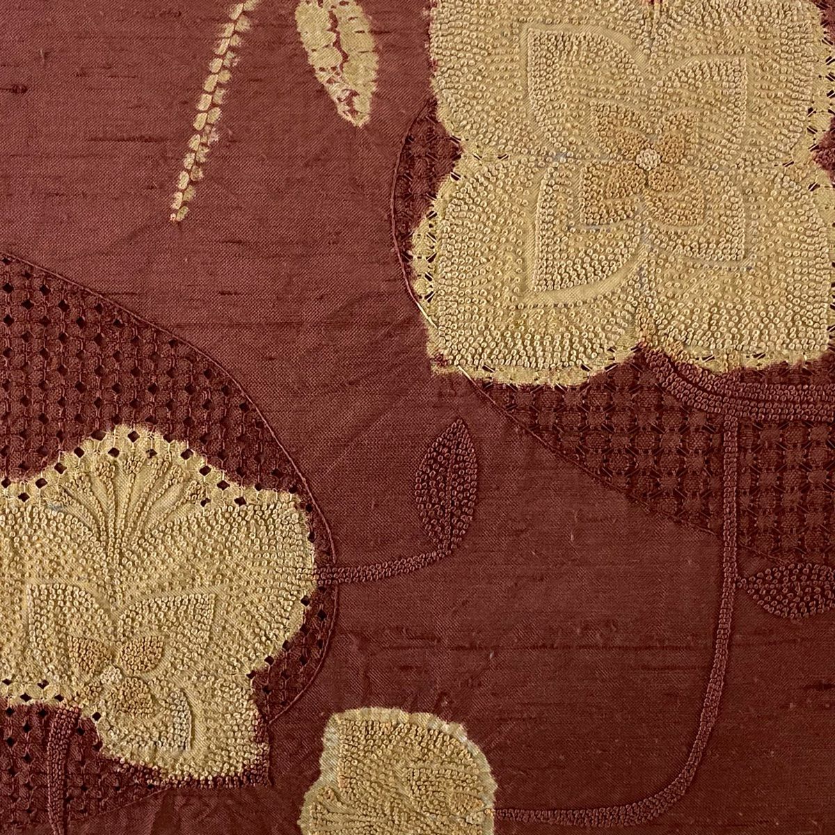 【庫存清倉】 名古屋帶 優品級 紬織織 草花紋紋 刺繡 絞染 小豆色 純蠶絲