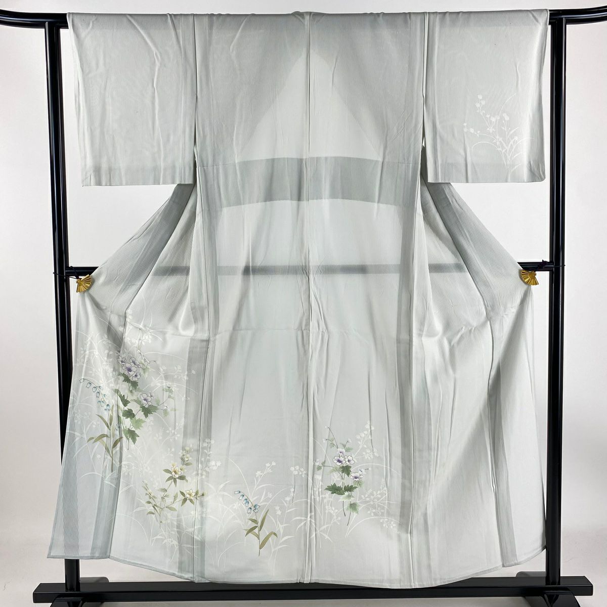 【庫存清倉】 付下 身長154cm 袖長61.5cm S 薄物 縱絽 草花紋紋 輪廓 漸層 金銀彩 淺綠 純蠶絲 優品級