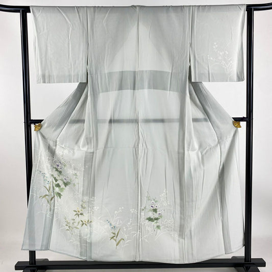 【庫存清倉】 付下 身長154cm 袖長61.5cm S 薄物 縱絽 草花紋紋 輪廓 漸層 金銀彩 淺綠 純蠶絲 優品級