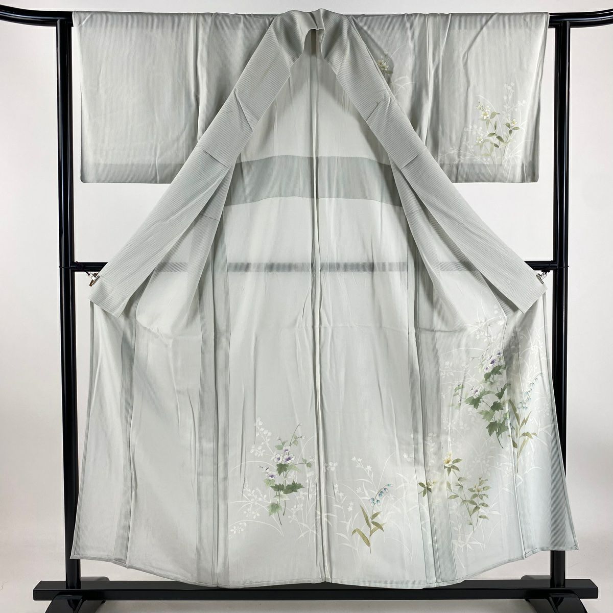 【庫存清倉】 付下 身長154cm 袖長61.5cm S 薄物 縱絽 草花紋紋 輪廓 漸層 金銀彩 淺綠 純蠶絲 優品級