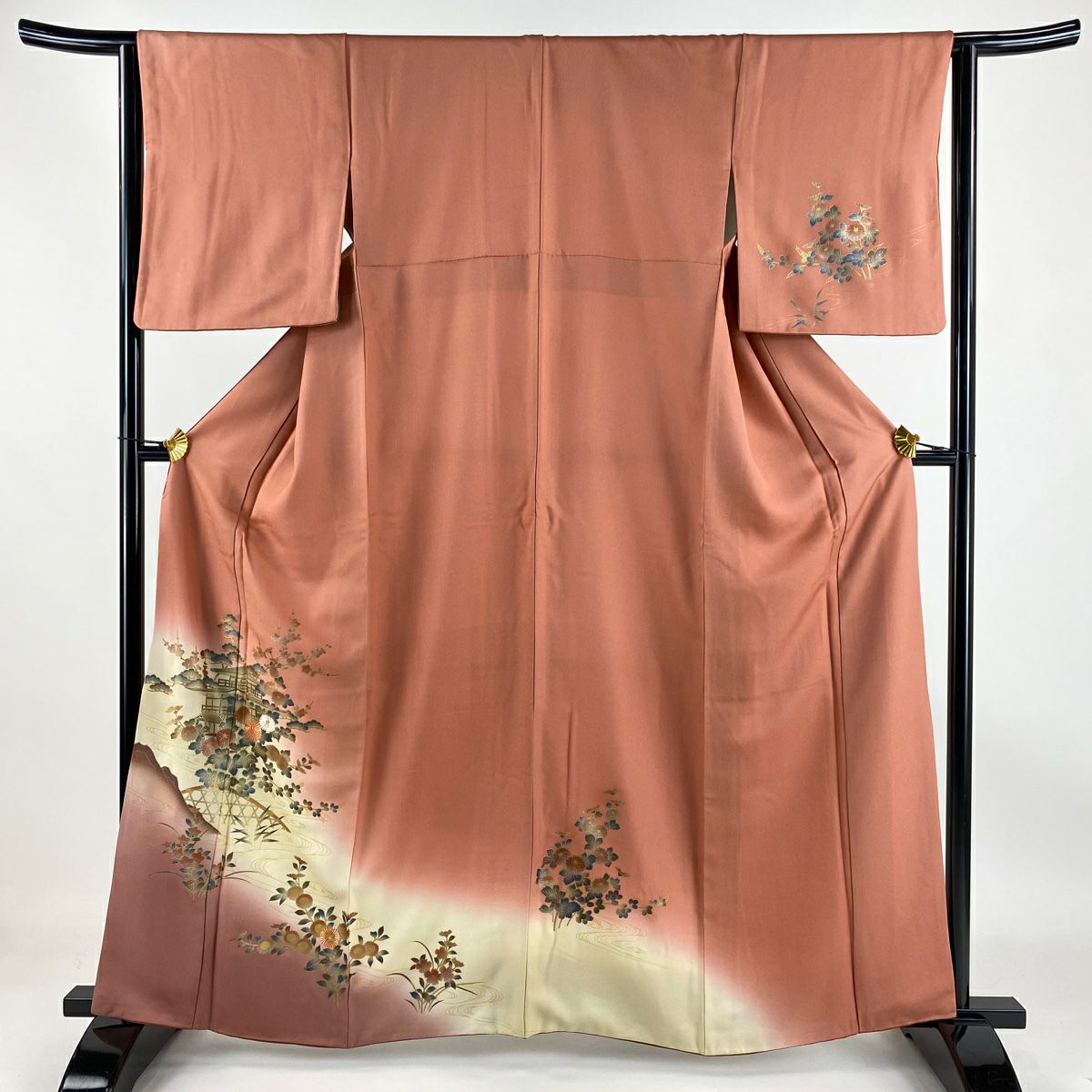 【庫存清倉】訪問服 身長161cm 袖長64cm M 雙層 建物 菊花花刺繡 金線 鮭粉色 純蠶絲 優品級