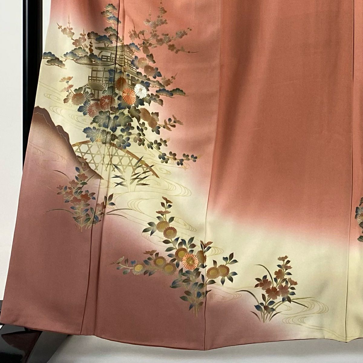 【庫存清倉】訪問服 身長161cm 袖長64cm M 雙層 建物 菊花花刺繡 金線 鮭粉色 純蠶絲 優品級