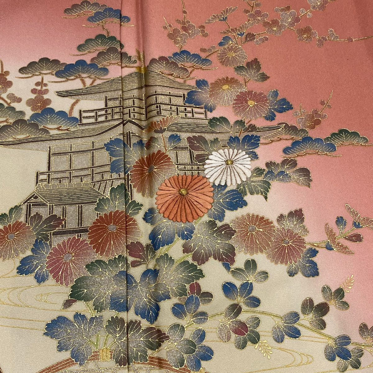 【庫存清倉】訪問服 身長161cm 袖長64cm M 雙層 建物 菊花花刺繡 金線 鮭粉色 純蠶絲 優品級