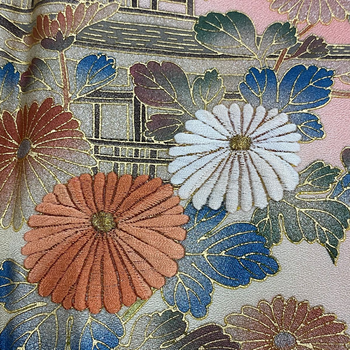 【庫存清倉】訪問服 身長161cm 袖長64cm M 雙層 建物 菊花花刺繡 金線 鮭粉色 純蠶絲 優品級