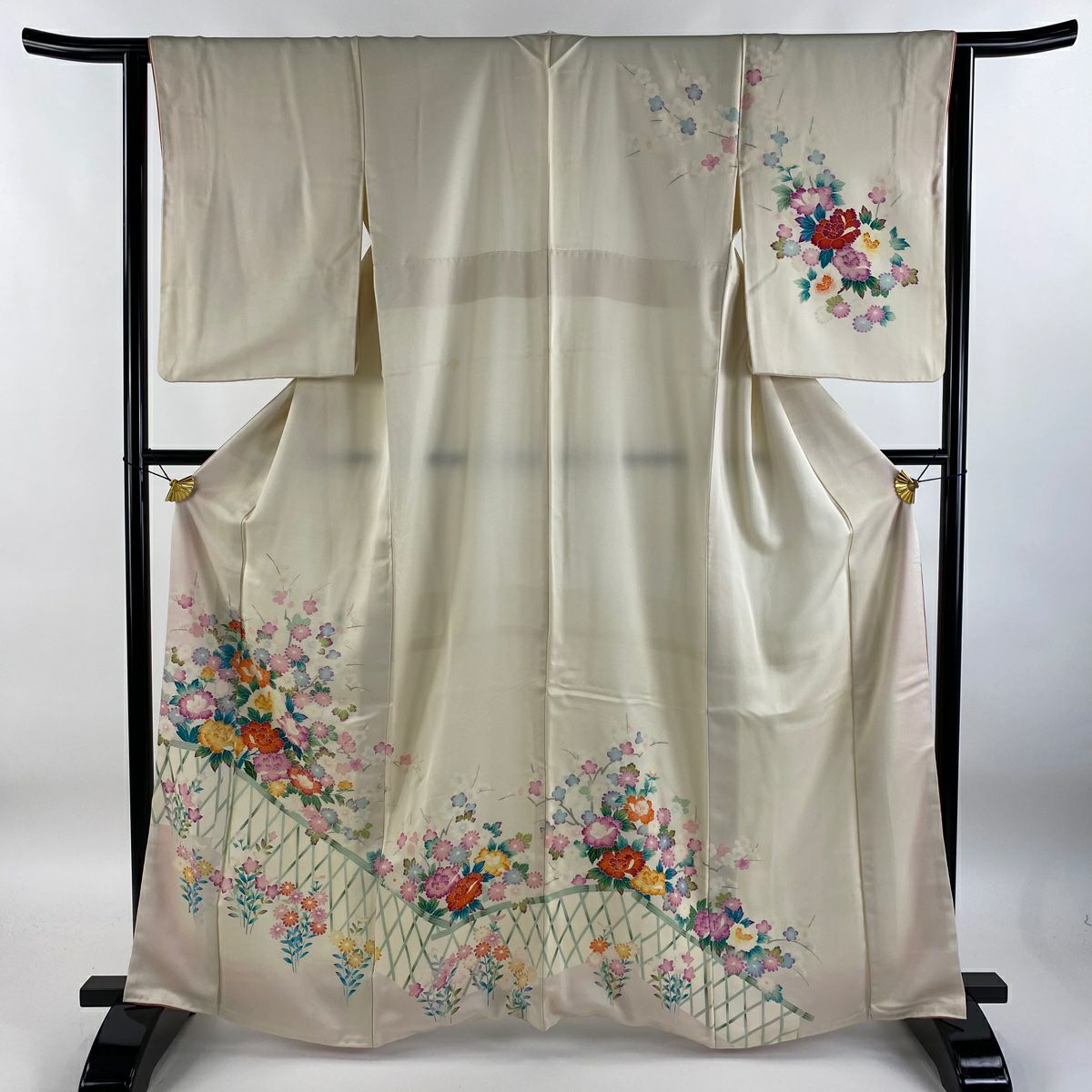 【庫存清倉】訪問服 身長164.5cm 袖長63.5cm S 雙層 草花紋紋 牡丹 漸層 奶油色 純蠶絲 優品級