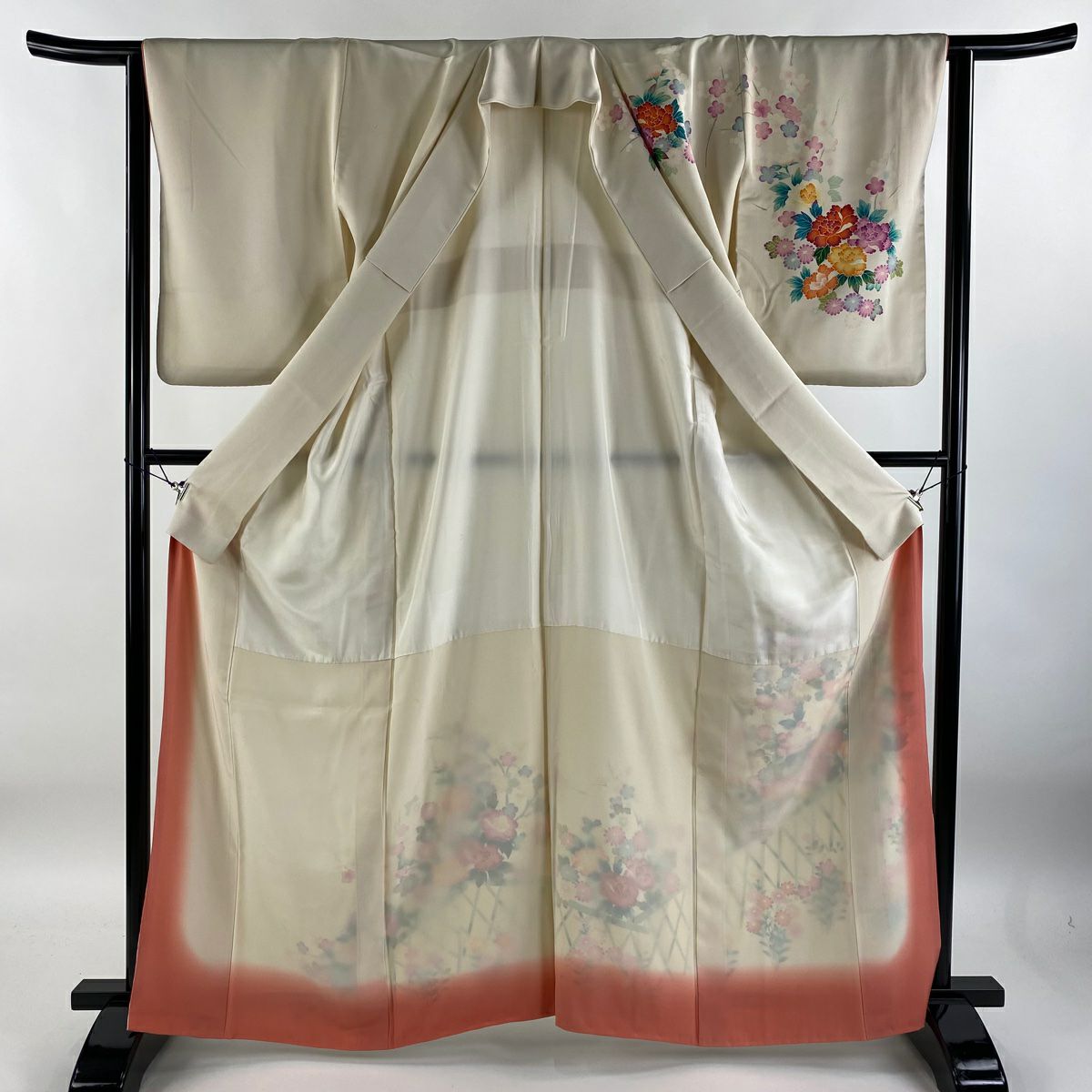 【庫存清倉】訪問服 身長164.5cm 袖長63.5cm S 雙層 草花紋紋 牡丹 漸層 奶油色 純蠶絲 優品級