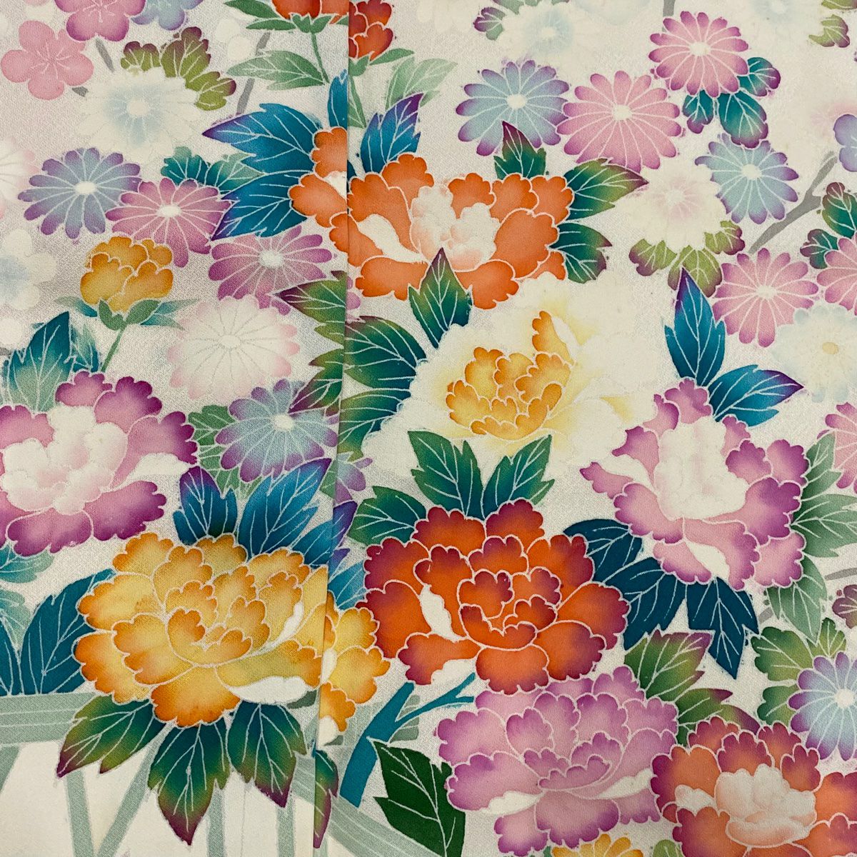 【庫存清倉】訪問服 身長164.5cm 袖長63.5cm S 雙層 草花紋紋 牡丹 漸層 奶油色 純蠶絲 優品級