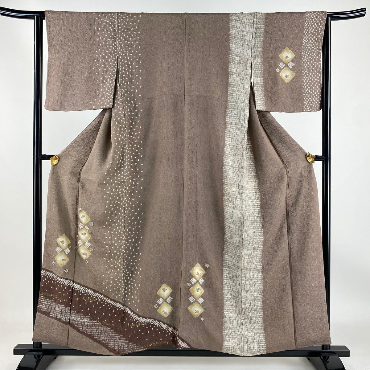 【庫存清倉】訪問服 身長156cm 袖長63.5cm S 雙層 草花紋紋 松樹葉 金糸刺繡 淺小豆色 純蠶絲 美品 秀品級