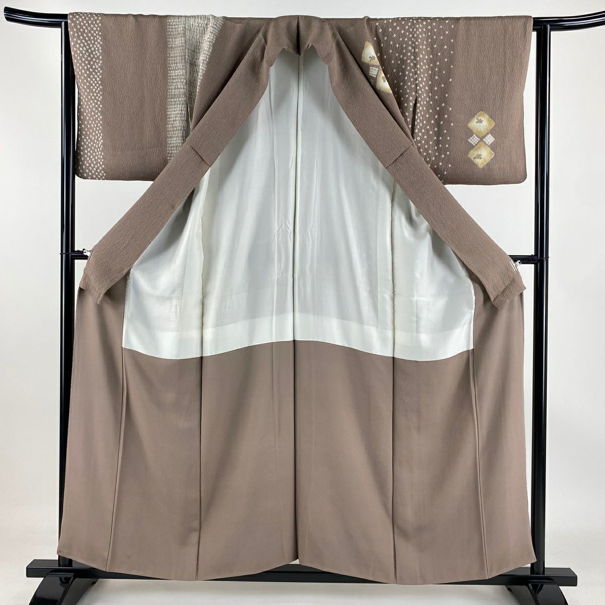 【庫存清倉】訪問服 身長156cm 袖長63.5cm S 雙層 草花紋紋 松樹葉 金糸刺繡 淺小豆色 純蠶絲 美品 秀品級