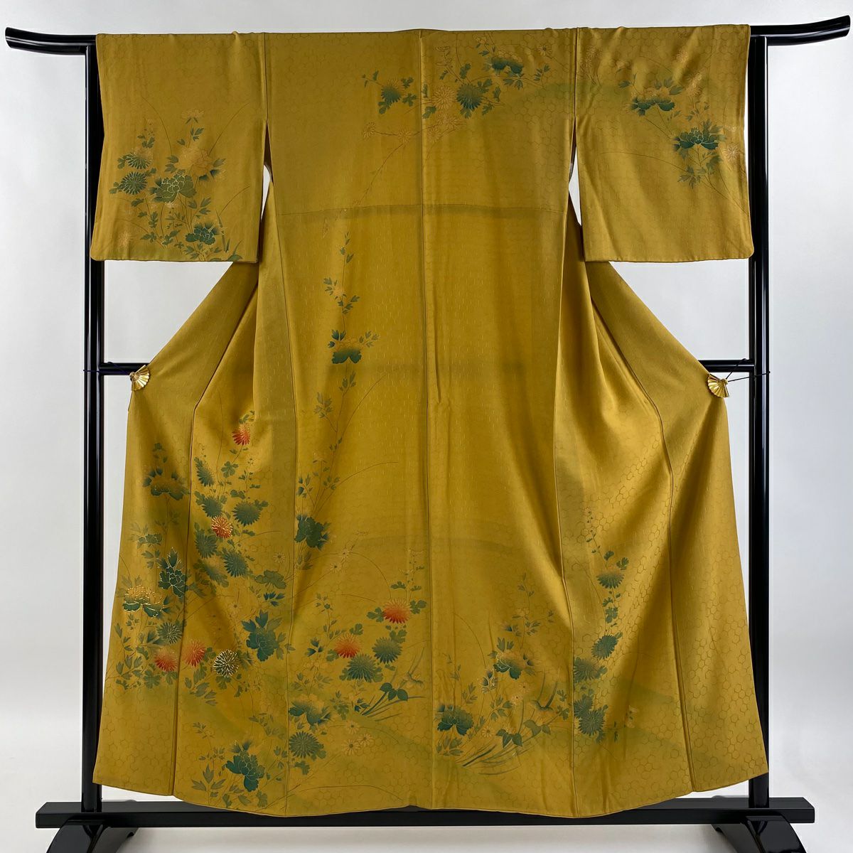 【庫存清倉】訪問服 身長155.5cm 袖長64cm M 雙層 牡丹 菊花 金絲 金銀彩 芥末色 純蠶絲 優品級