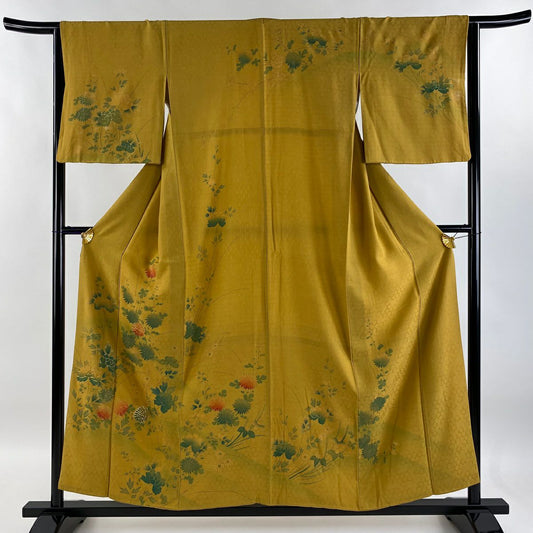 【庫存清倉】訪問服 身長155.5cm 袖長64cm M 雙層 牡丹 菊花 金絲 金銀彩 芥末色 純蠶絲 優品級